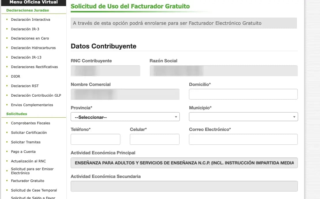 Formulario Solicitud de Uso del Facturador Gratuito, sección Datos Contribuyente