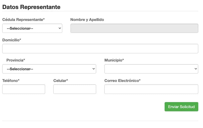 Sección Datos Representante del formulario del facturador gratuito con el botón Enviar Solicitud