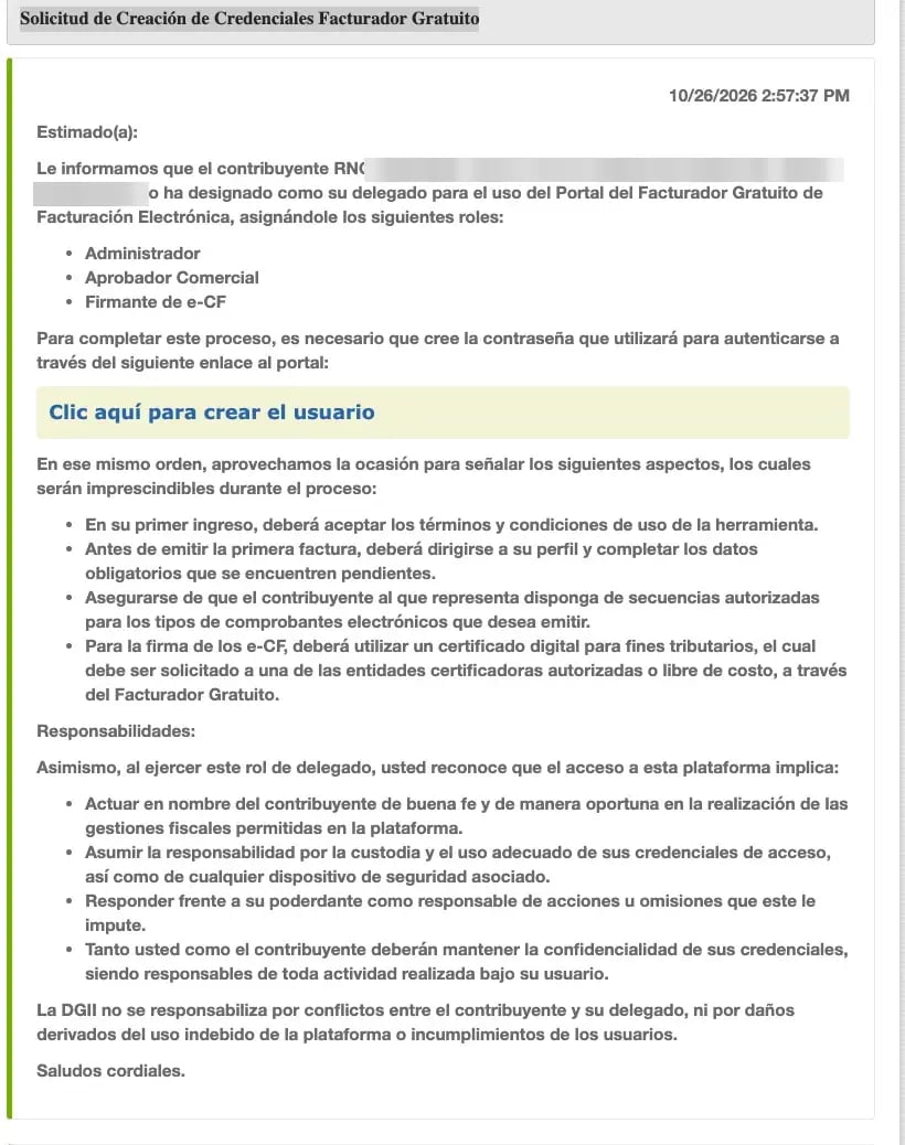 Mensaje Solicitud de Creación de Credenciales Facturador Gratuito con el enlace para crear el usuario