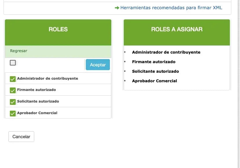 Pantalla de roles con los cuatro roles marcados: Administrador de contribuyente, Firmante autorizado, Solicitante autorizado y Aprobador Comercial