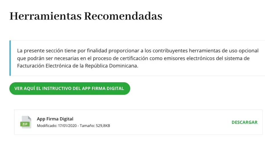 Página Herramientas Recomendadas de la DGII con la descarga de la App Firma Digital