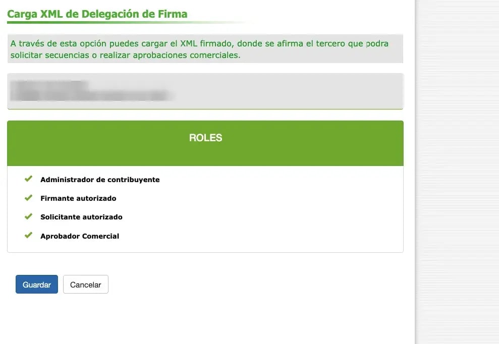 Pantalla Carga XML de Delegación de Firma con los cuatro roles y el botón Guardar