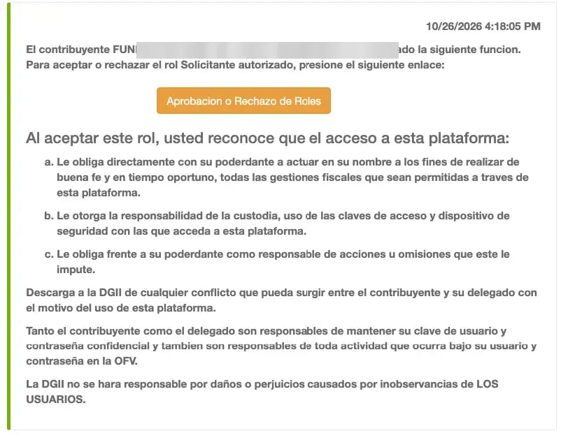Mensaje de delegación de roles con el botón Aprobación o Rechazo de Roles