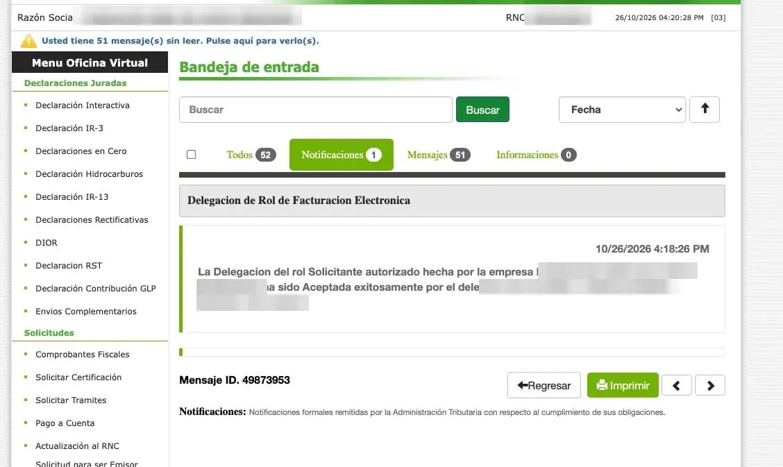 Bandeja de entrada de la Oficina Virtual de la empresa con la notificación de delegación aceptada