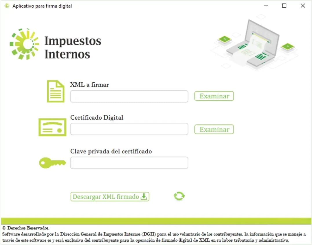 Pantalla de la App Firma Digital de la DGII con los campos XML a firmar, Certificado Digital y Clave privada del certificado