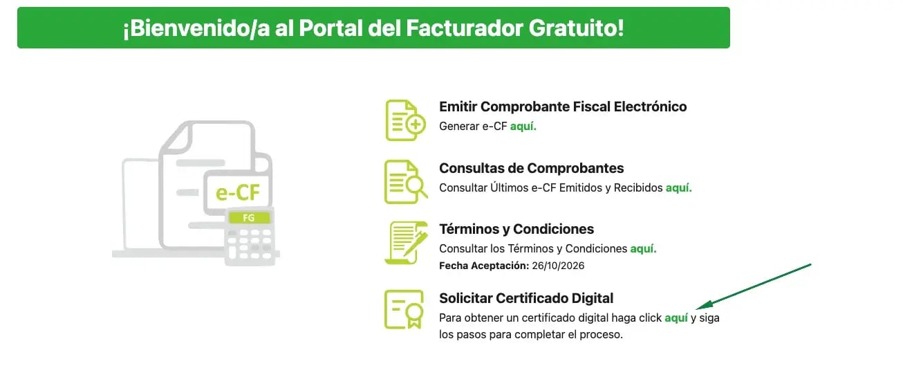 Portal del Facturador Gratuito con la opción Solicitar Certificado Digital marcada