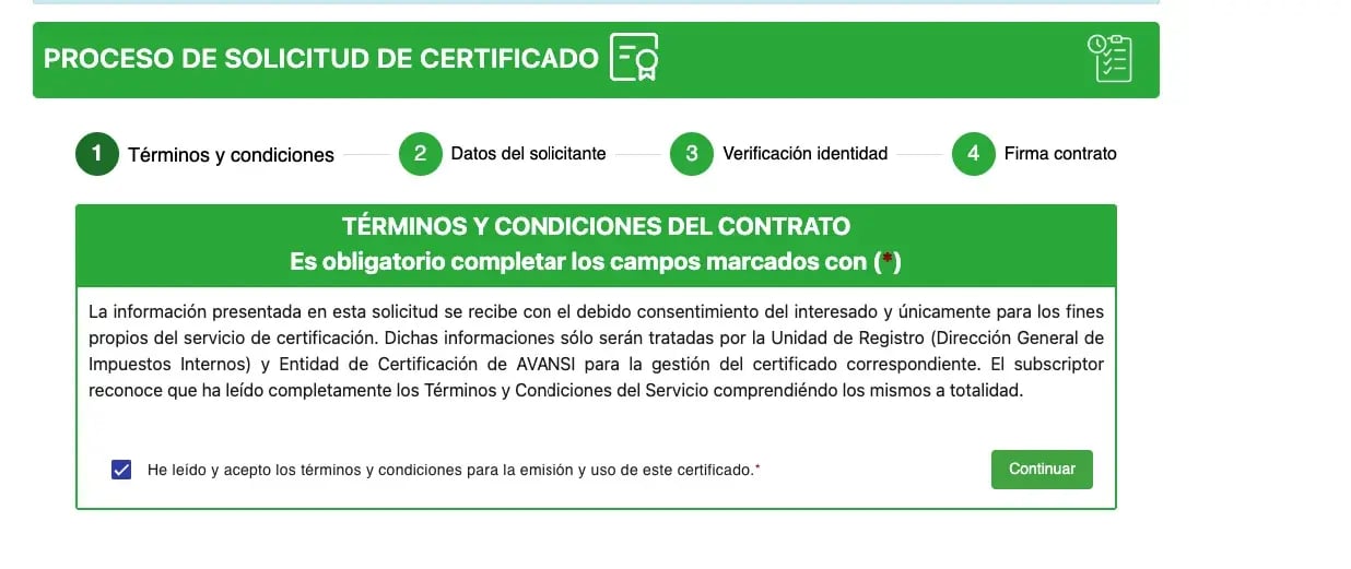 Proceso de solicitud de certificado, paso 1: términos y condiciones del contrato