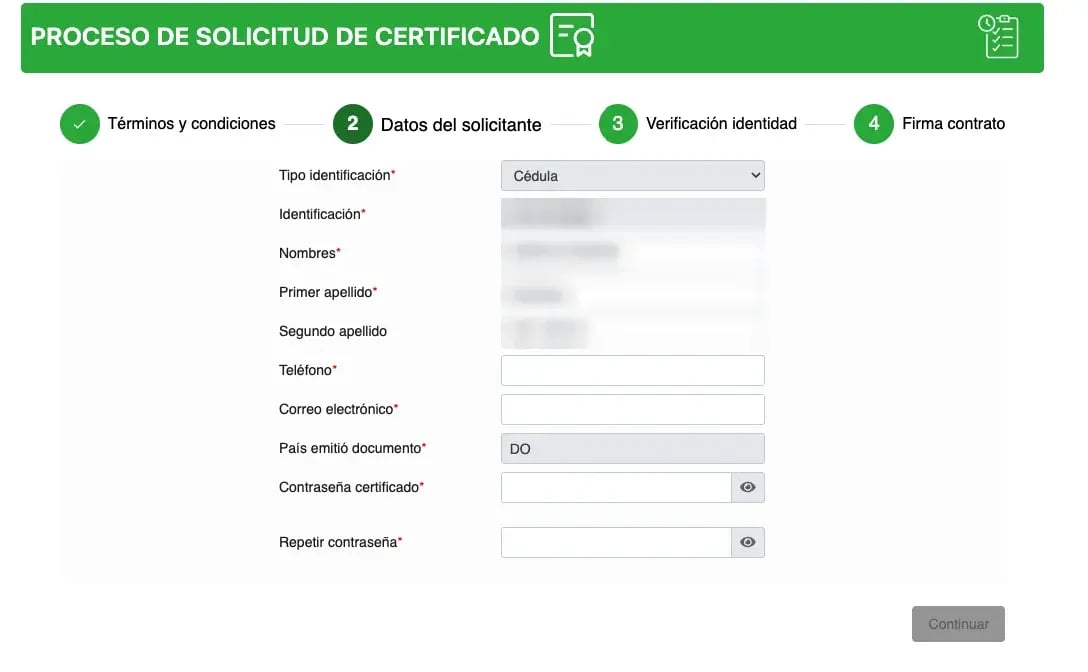 Proceso de solicitud de certificado, paso 2: datos del solicitante y contraseña del certificado