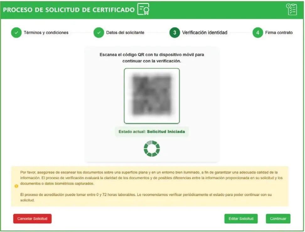 Proceso de solicitud de certificado, paso 3: verificación de identidad con código QR