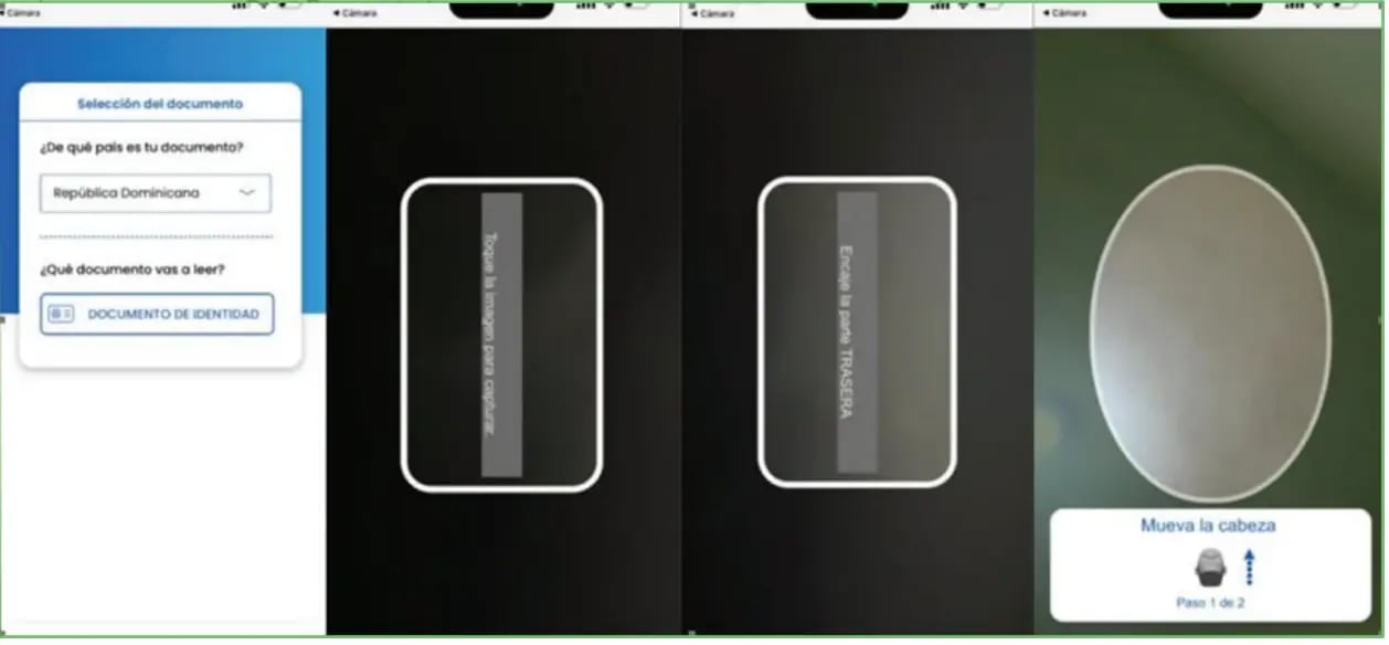 Pantallas del celular durante la verificación: selección del documento, foto de la cédula por ambos lados y video del rostro