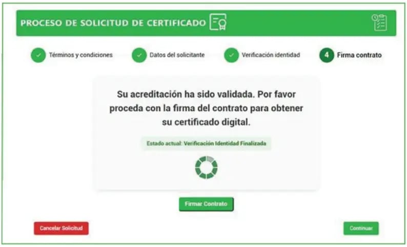 Proceso de solicitud de certificado, paso 4: botón Firmar Contrato