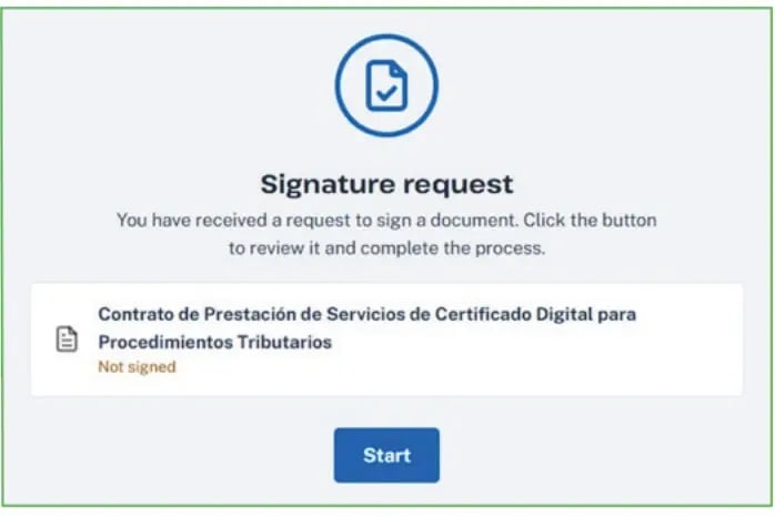 Solicitud de firma del Contrato de Prestación de Servicios de Certificado Digital con el botón Start