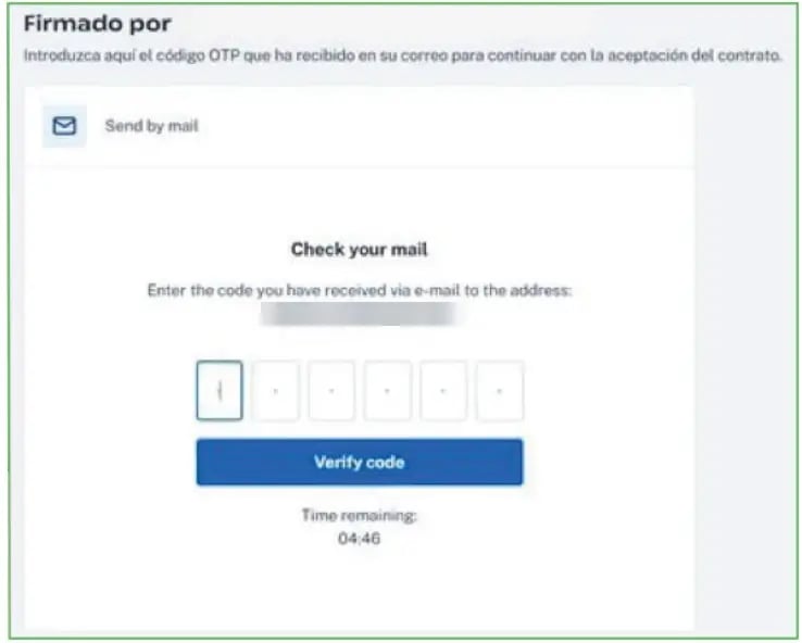 Pantalla para escribir el código de 6 dígitos que llega al correo