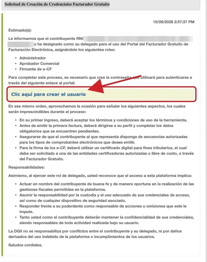 Mensaje Solicitud de Creación de Credenciales Facturador Gratuito con el enlace Clic aquí para crear el usuario señalado