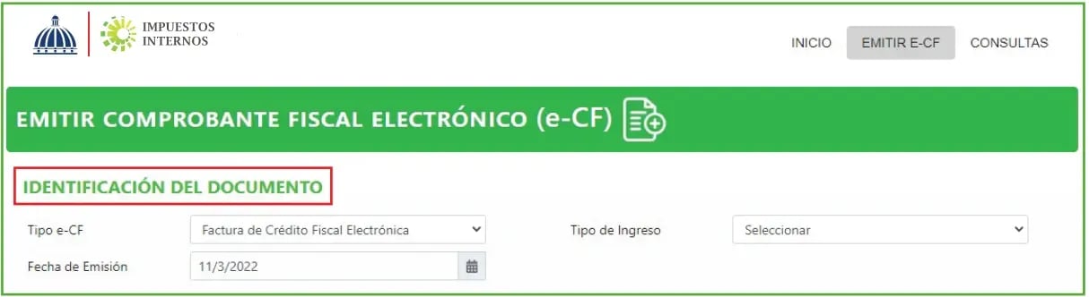 Pantalla Emitir Comprobante Fiscal Electrónico del Facturador Gratuito, sección Identificación del documento