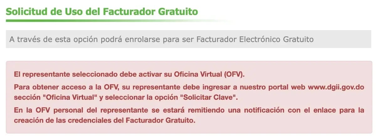 Mensaje de la DGII: el representante seleccionado debe activar su Oficina Virtual (OFV)