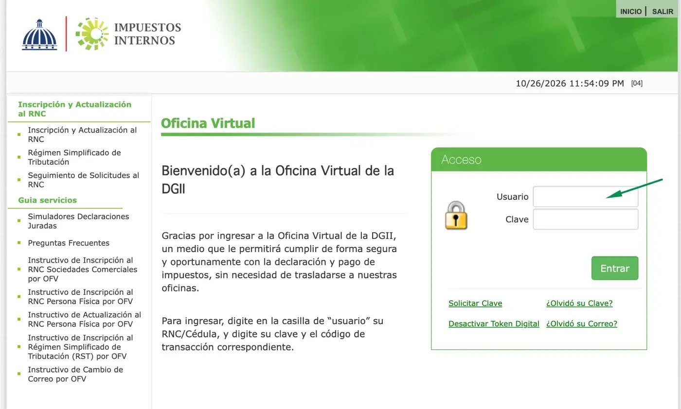 Pantalla de acceso a la Oficina Virtual de la DGII con los campos Usuario y Clave