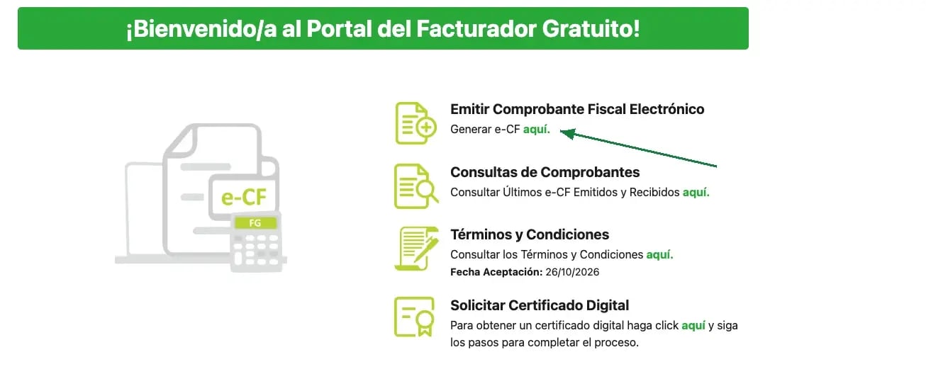 Portal del Facturador Gratuito con la opción Emitir Comprobante Fiscal Electrónico